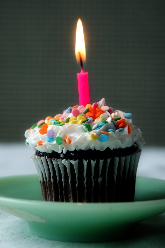 Cupcake with a pink birthday candle.