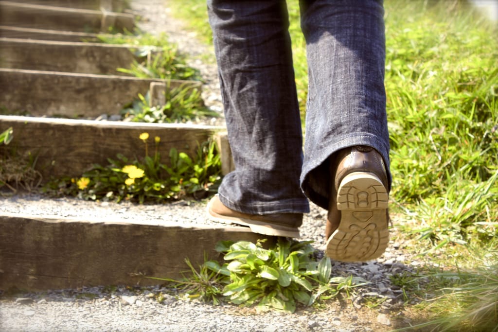 Person from knees down, wearing jeans and brown boots walking up grass covered stairs.