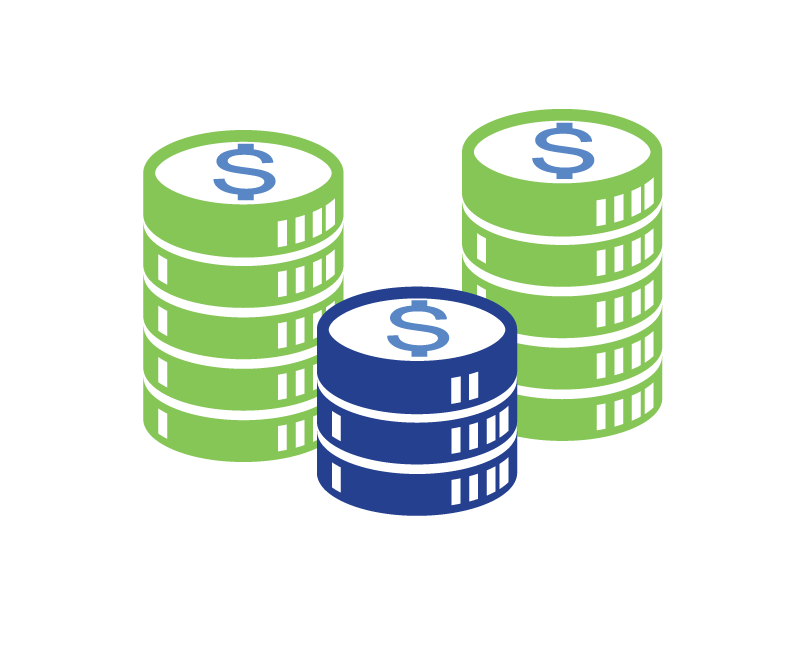 Stacks of green and blue coin icons.