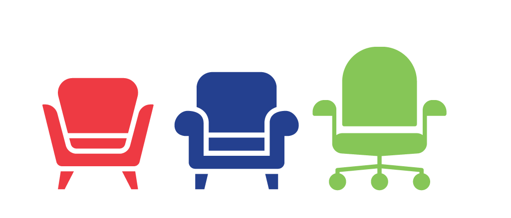 Re, blue and green chair icons.
