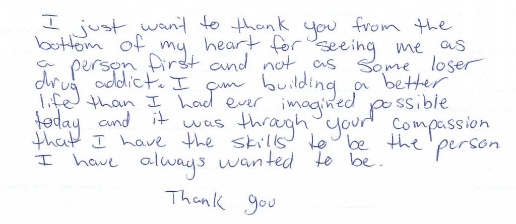 Handwritten thank you letter from person in recovery.