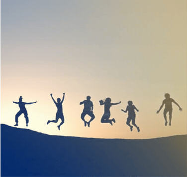 Group of people jumping in air with sunset in the background.