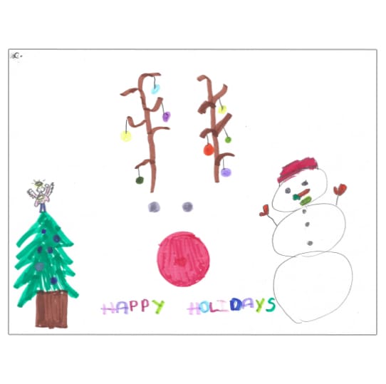 Holiday card with snowman and Christmas tree
